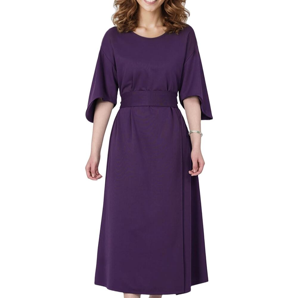 NWT ~ Elegant Purple Midi Dress Wide Bell Sleeves & Belted Waist ~ Women's XL